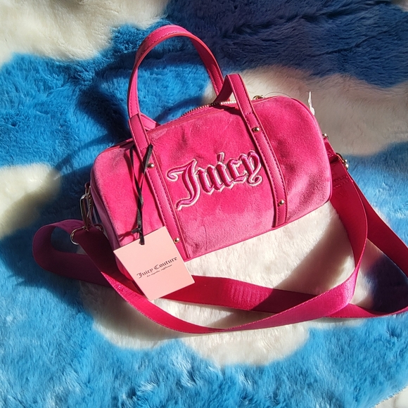 NWT Juicy Couture Queen Of Everything Hot Pink Velour Mini Barrel Crossbody Bag - Picture 1 of 12